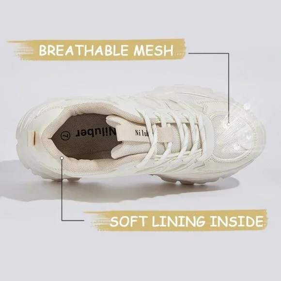 Women Beige Casual Tennis Lace Up Chunky Sneakers Shoes - Picture 3 of 7